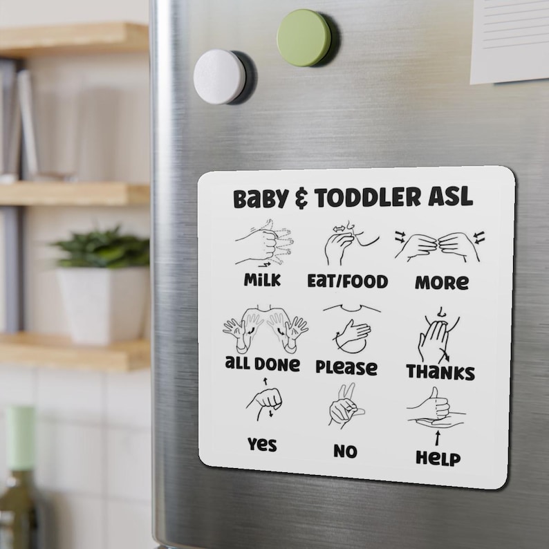 May include: White magnetic sign with black text and illustrations of American Sign Language (ASL) signs for baby and toddler communication. The signs include: milk, eat/food, more, all done, please, thanks, yes, no, and help.