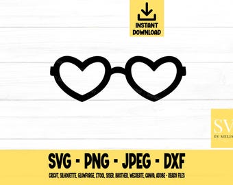 Gafas de corazón SVG, SVG, PNG, DXF, JPEG, Descarga digital, Archivo de corte, Cricut, Silueta, Glowforge, Archivos SVG para Cricut