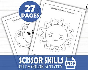 May include: Black and white printable activity sheets for kids to practice scissor skills. The sheets feature a sun and a cloud with dotted lines to cut out. The text "Cut out the Sun and color in it." is at the top of the page. The text "SCISSOR SKILLS CUT & COLOR ACTIVITY" is at the bottom of the page.