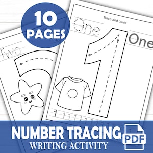 May include: Black and white printable worksheet with the number "One" written in cursive. The number is outlined with dotted lines for tracing. The worksheet also includes a picture of a shirt with a circle in the center. The text "Trace and color" is at the top of the page. The text "10 Pages" is in a blue circle at the top left corner of the image. The text "NUMBER TRACING PDF WRITING ACTIVITY" is at the bottom of the page.