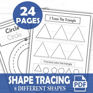 Op de afbeelding: Een set van 24 printbare werkbladen voor het traceren van vormen. De werkbladen bevatten een verscheidenheid aan vormen, waaronder cirkels, driehoeken, vierkanten, rechthoeken, ovalen en sterren. De werkbladen zijn ontworpen om kinderen te helpen vormen te traceren en hun fijne motoriek te ontwikkelen. De tekst op de pagina luidt "Ik traceer de driehoek" en "Zoek en kleur de driehoek".