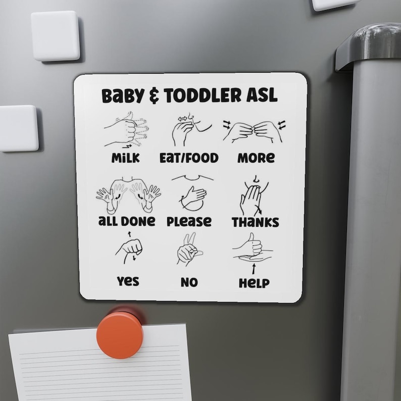 May include: A white magnetic sign with black text and illustrations of American Sign Language (ASL) signs for baby and toddler communication. The signs include milk, eat/food, more, all done, please, thanks, yes, no, and help.