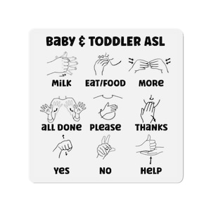 May include: Black and white illustration of American Sign Language (ASL) signs for common baby and toddler words, including milk, eat/food, more, all done, please, thanks, yes, no, and help.