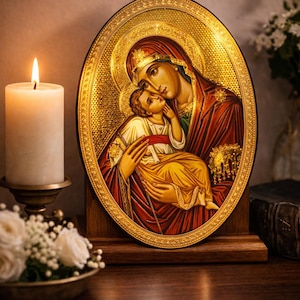 Theotokos | Byzantine Virgin and Child Jesus Icon | Gold Foil Wood Wall Art | 5.5" Catholic & Orthodox Religious Gift | Made in Italy