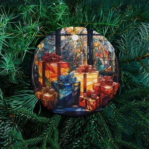 Christmas Gift Ceramic Ornament, Stained Glass Style Ceramic Christmas Ornament Christmas Present Scene, Christmas Tree Ornament
