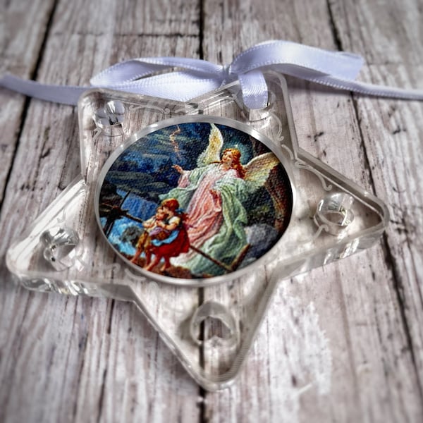 Guardian Angel Nursery Medal with Star Shape and White Ribbon, Spiritual Protection Décor, Canvas Print for Kids Room