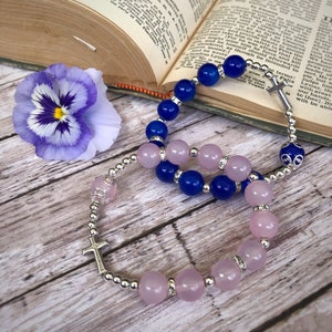 Italian Glass Bead Bracelet, Rosary Bracelet with Silver Cross and Crystal Embellishments, Stretchy Catholic Jewelry, Mother&#39;s Day Gift