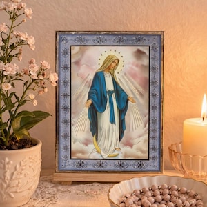Our Lady of Grace Catholic Icon, Silver Foil Virgin Mary Wall Art