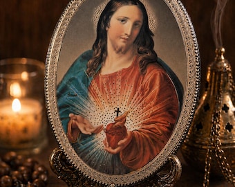 Sacred Heart of Jesus Oval Icon Made in Italy | Catholic Wall Art | Gold Foil Religious Plaque | Christian Home Altar Decor