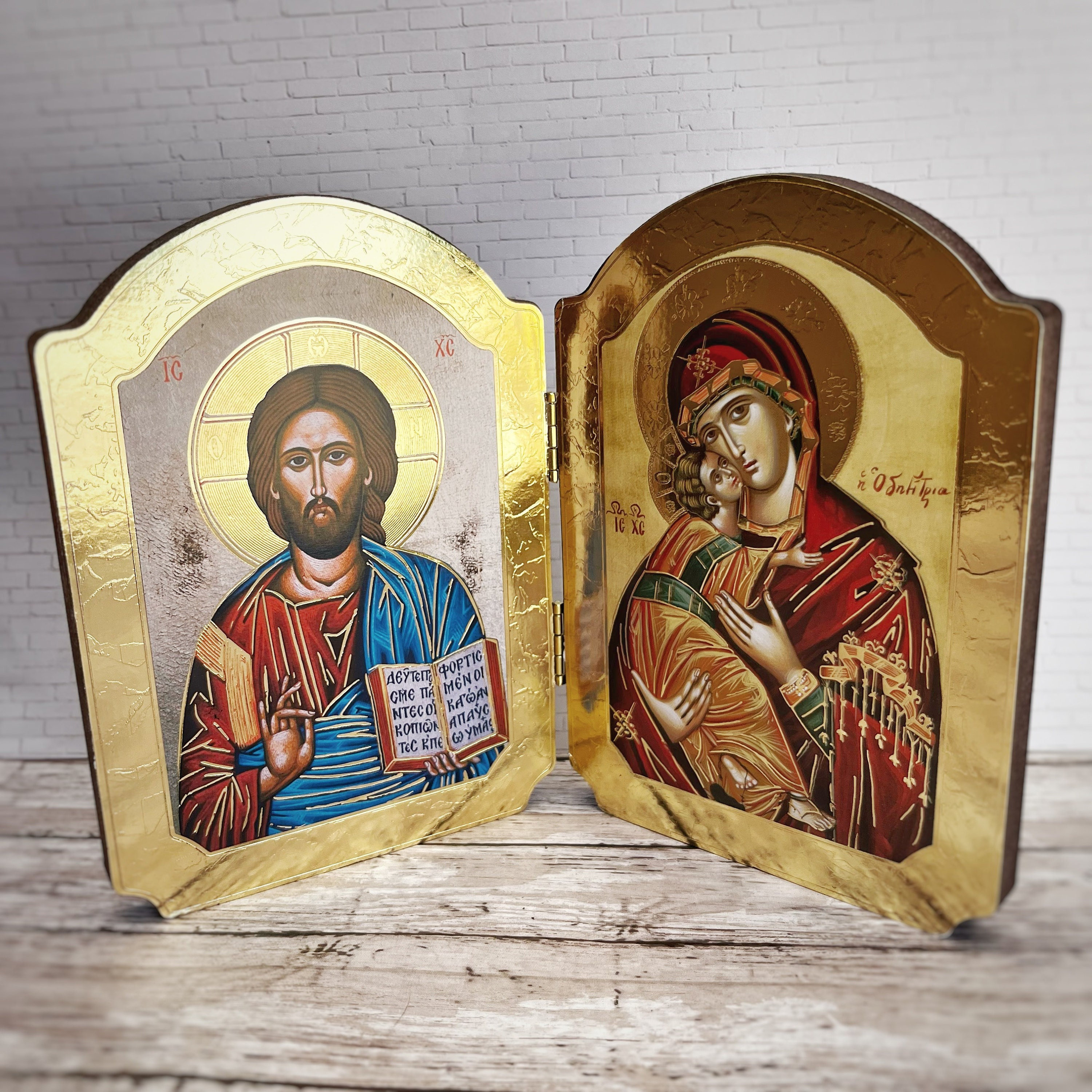 Byzantine Style Christ the Ruler and Virgin and Child Arched Icon With ...