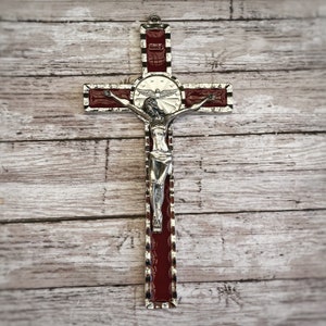 Come Holy Ghost Wall Crucifix for Home, Large 8&quot; Holy Ghost Metal Silver Plated Crucifix with Red Enamel