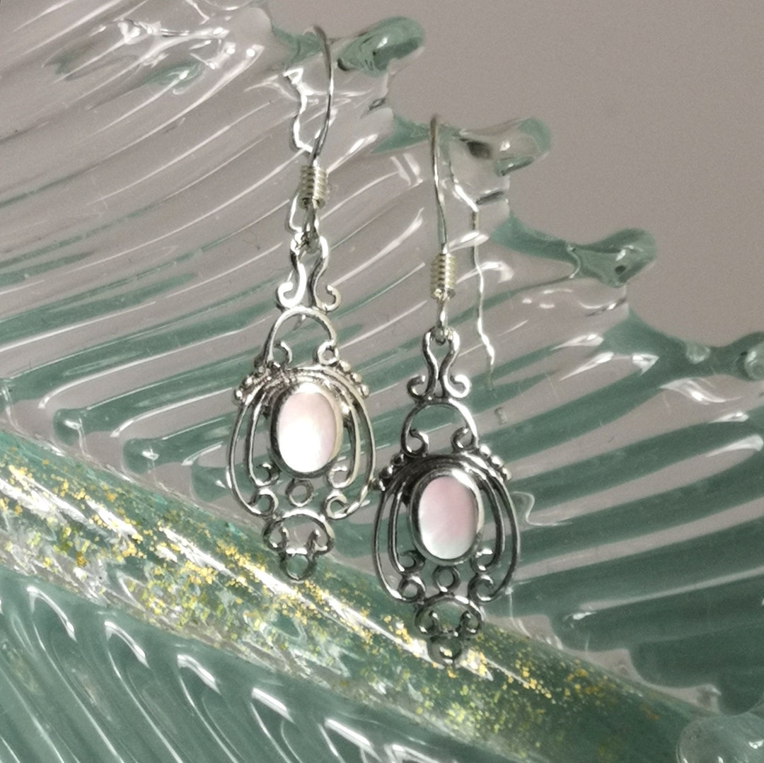 Boucles D'oreilles Pendantes – Nacre Grise Et Abalone, Argent 925/1000, Neuves