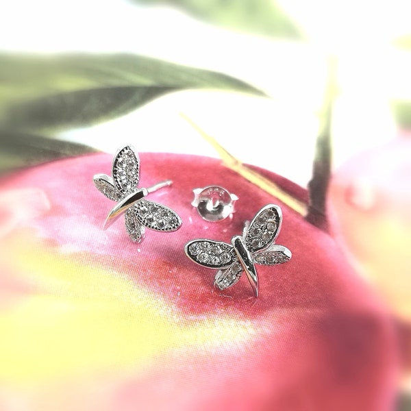 Silver chip earrings 925/1000 Rhodié Zirconium Butterfly Oxyde