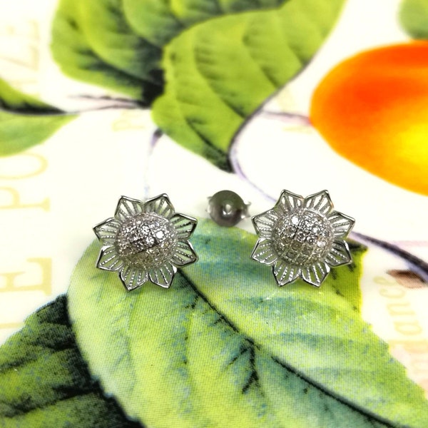 Silver chip earrings 925/1000 Rhodié Oxyde de Zirconium Sunflower