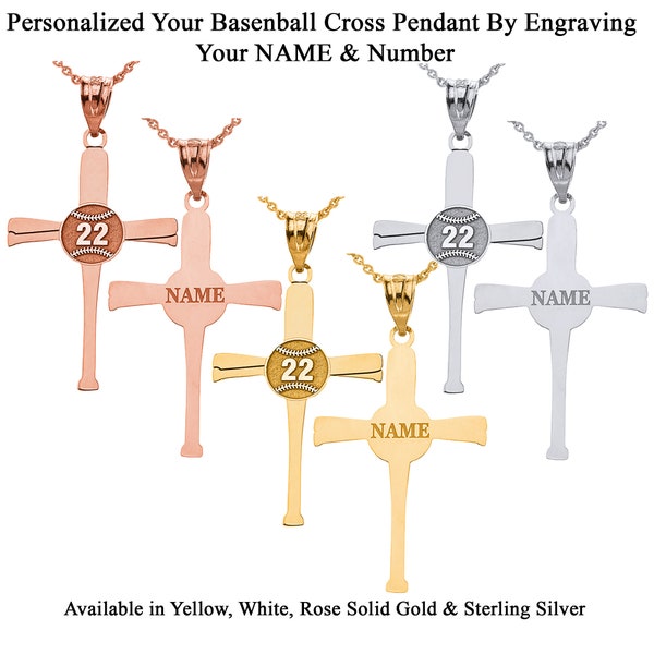 Personalized Name & Number Engravable Front/Back Sports Baseball Bat Cross Pendant Handmade in Solid Yellow, White, Rose Gold or 925 Silver