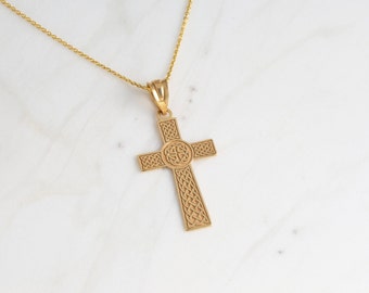 Solid 10K/14K Yellow Gold Irish Celtic Knot Cross Engravable Name 1.46&quot; Necklace | Sterling Silver Religious Cross Gifts