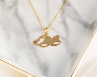 Personalized Your Swimming Swimmer Sports Pendant Necklace Engraved Your NAME Handmade in Solid Yellow, White, Rose Gold or .925 Silver