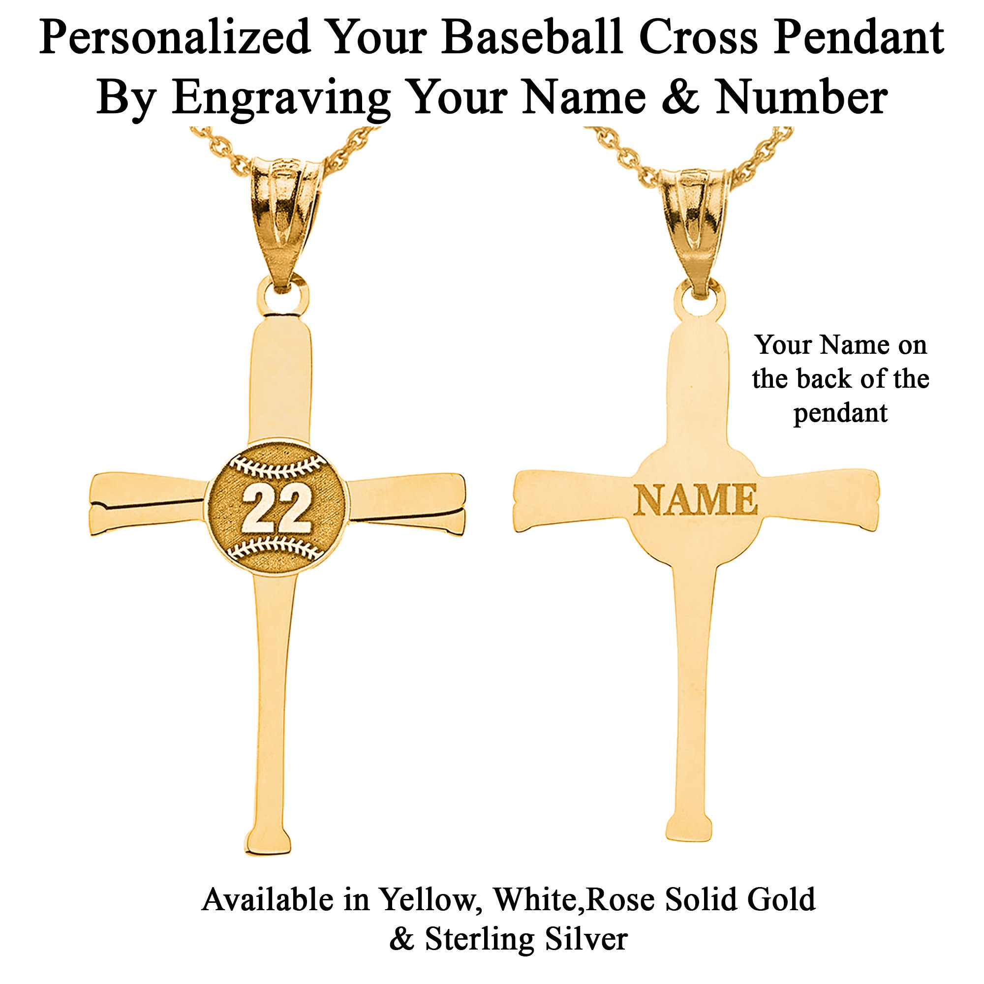 Personalized Name & Number Engravable Front/Back Sports Baseball Bat Cross Pendant Handmade in Solid Yellow, White, Rose Gold or 925 Silver