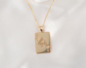 Personalized Engravable NAME Ace Of Spades Playing Card Lucky Charm, Handmade in Solid 10k Gold