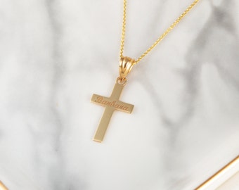 Engravable Personalized NAME Cross Christian Religious Pendant Necklace Handmade in Solid Yellow, White, Rose Gold or .925 Sterling Silver