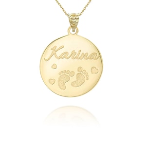 Solid Gold Personalized New Born Baby Feet Reversible Pendant Necklace | Sterling Silver Welcome Baby Gifts | Gifts For Him Her
