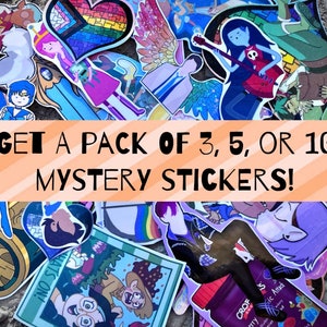 May include: A collection of colorful stickers featuring various cartoon characters and designs. The text "GET A PACK OF 3, 5, OR 10 MYSTERY STICKERS!" is displayed in bold, black letters. The stickers include images of a heart with a rainbow design, a witch, and a person playing a guitar.