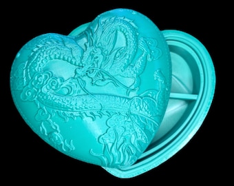 3D Printed Dragon Heart Box – Teal Fantasy Jewelry Organizer