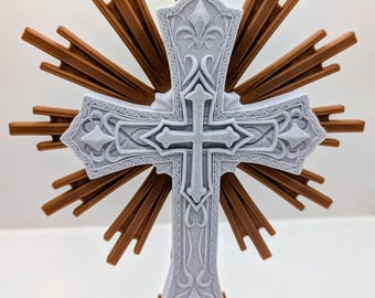 Ornate 3D Printed Cross with Sunburst Halo - Decorative Sacred Altar Cross