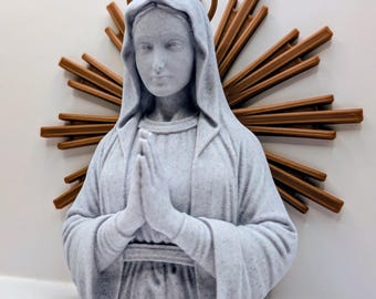 3D Printed Virgin Mary Bust with Sunburst Halo - Blessed Mother Mary Statue - Catholic Religious Decor