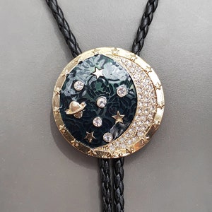 Moon and Planets Bola Bolo Tie - Necklace Wedding for Men Women Groomsmen Bridegroom - Western Cowboy Necktie