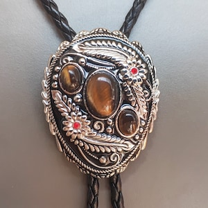 Silver Flower Grass & Tiger-eye Stone Bola BOLO Tie Necklace Wedding for Men Women Groomsmen Bridegroom Western Cowboy Necktie