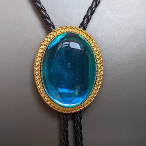 Golden Blue Acrylic Stone Bola BOLO Tie - Wedding Necklace for Men Groomsmen Bridegroom - Western Cowboy Necktie