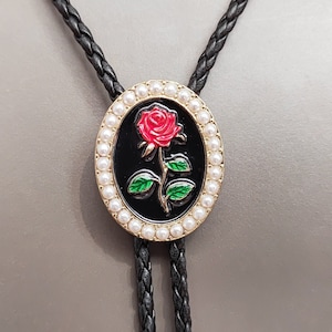 Rose Flower Bola Bolo Tie - Necklace Wedding for Men Women Groomsmen Bridegroom - Western Cowboy Necktie