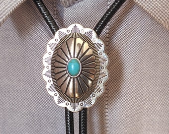 Flower Pattern Small Turquoise Bolo Tie - Western Cowboy Bola BOLO Tie for Men Women Groomsmen Bridegroom - Wedding Necklace Necktie