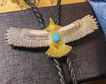Flying Eagle + Turquoise Bola BOLO Tie - Wedding Necklace for Men Groomsmen Bridegroom - Western Cowboy Necktie