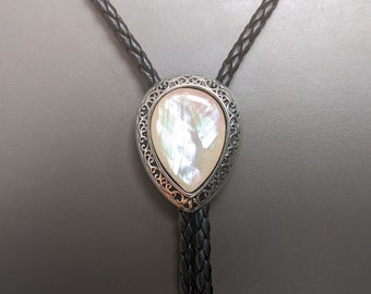 Mother of Pearl Water Drop Bolo Tie Necklace – Western Cowboy Faux Leather Cord Pendant, Groomsmen Wedding Gift for Him Her