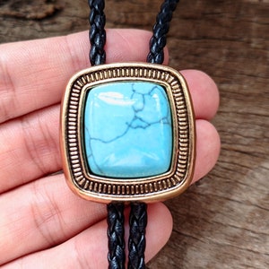 Cravate Bola BOLO carrée granit turquoise - Collier de mariage en similicuir pour hommes garçons d&#39;honneur - Cravate cowboy western