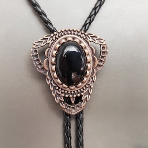 Rose-gold Black Agate Bola BOLO Tie - Wedding Necklace for Men Women Groomsmen Bridegroom - Western Cowboy Necktie