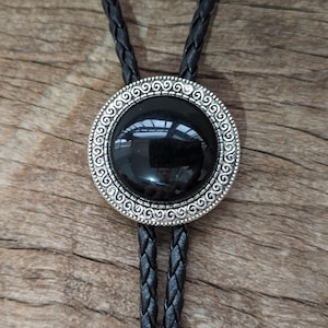 Round Black Onyx  BOLO Tie Wedding Necklace for Men or Women Groomsmen Bridegroom Western Cowboy Necktie