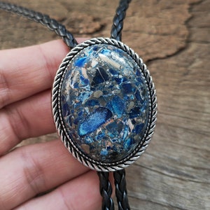 Green Blue Imperial Jasper Stone Bola Bolo Tie Wedding Necklace for Men Women Groomsmen Bridegroom - Western Cowboy Vintage Style Necktie