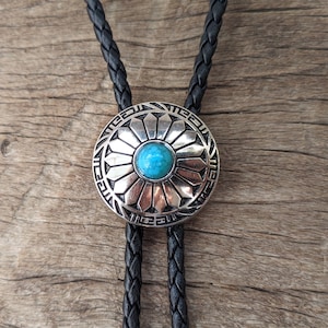 White Granite, Turquoise Flower BOLO Tie Necklace for Men or Women Groomsmen Bridegroom - Western Cowboy Necktie