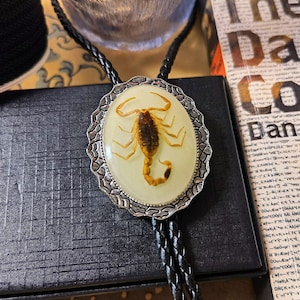 Real Scorpion Bolo Tie Necklace – Luminous Jade Stone Western Cowboy Faux Leather Cord, Groomsmen Wedding Gift for Him Her
