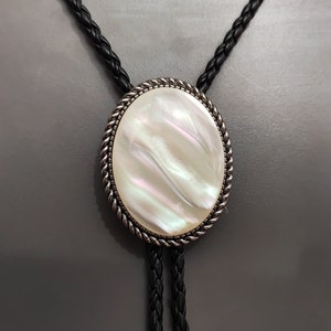 Mother of Pearl Bola Bolo Tie Necklace – Western Cowboy Faux Leather Necktie Gift for Groomsmen Man Him Her, Gemstone Pendant with Cord