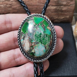 Green Imperial Jasper Stone Bola Bolo Tie Wedding Necklace for Men Women Groomsmen Bridegroom - Western Cowboy Vintage Style Necktie