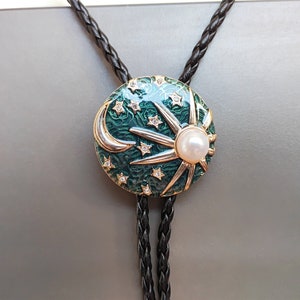 Sun Moon Stars Bolo Tie – Zircon Alloy Pendant Faux Leather Cord Long Necklace Gift for Him Her