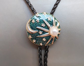 Sun Moon Stars Bolo Tie – Zircon Alloy Pendant Faux Leather Cord Long Necklace Gift for Him Her