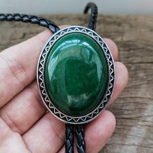 Natural Dark Green Burma Jade - Mens Bola BOLO Tie - Wedding Necklace for Men Women Groomsmen Bridegroom - Western Cowboy Necktie