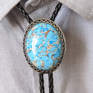Blue Crazy Agate Mens Bola BOLO Tie - Necklace Wedding for Men Women Groomsmen Bridegroom - Western Cowboy Necktie