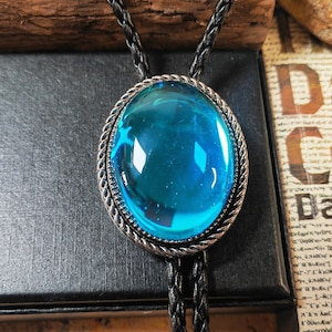 Blue Acrylic Stone Bola BOLO Tie - Wedding Necklace for Men Groomsmen Bridegroom - Western Cowboy Necktie
