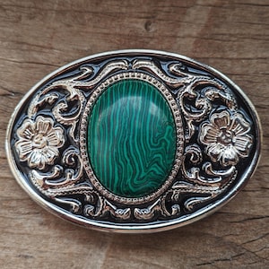 Boho Western Cowboys Belt Buckle - Faux Malachite Mens Belt Buckle - Silver Flower Buckles - Christmas Fathers Day Gifts